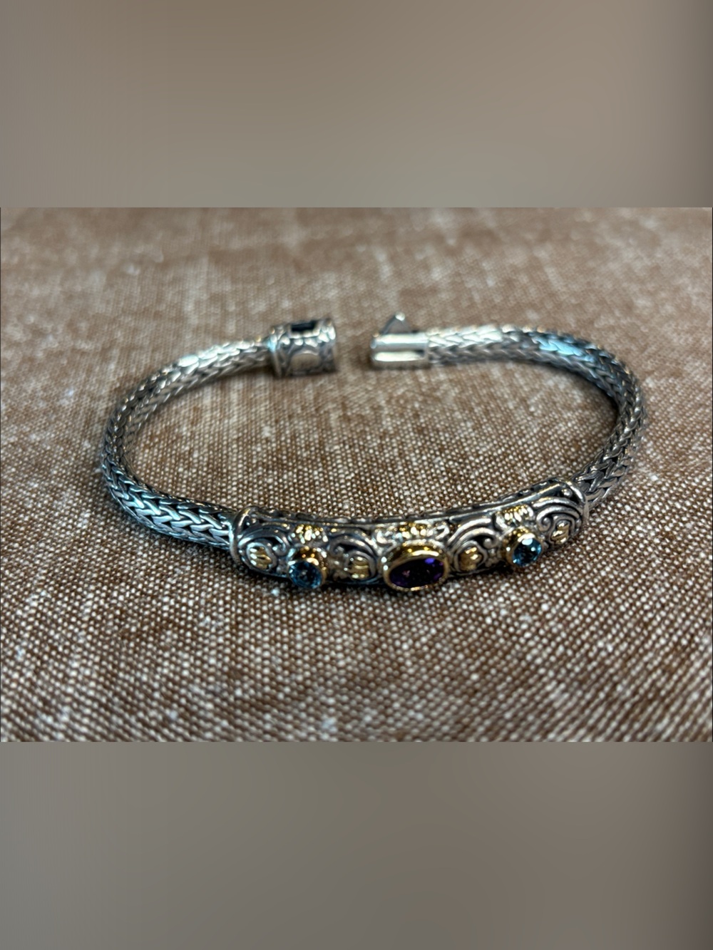 Bali Sterling Silver Cuff Bracelet with Purple Centerstone and Blue Accents